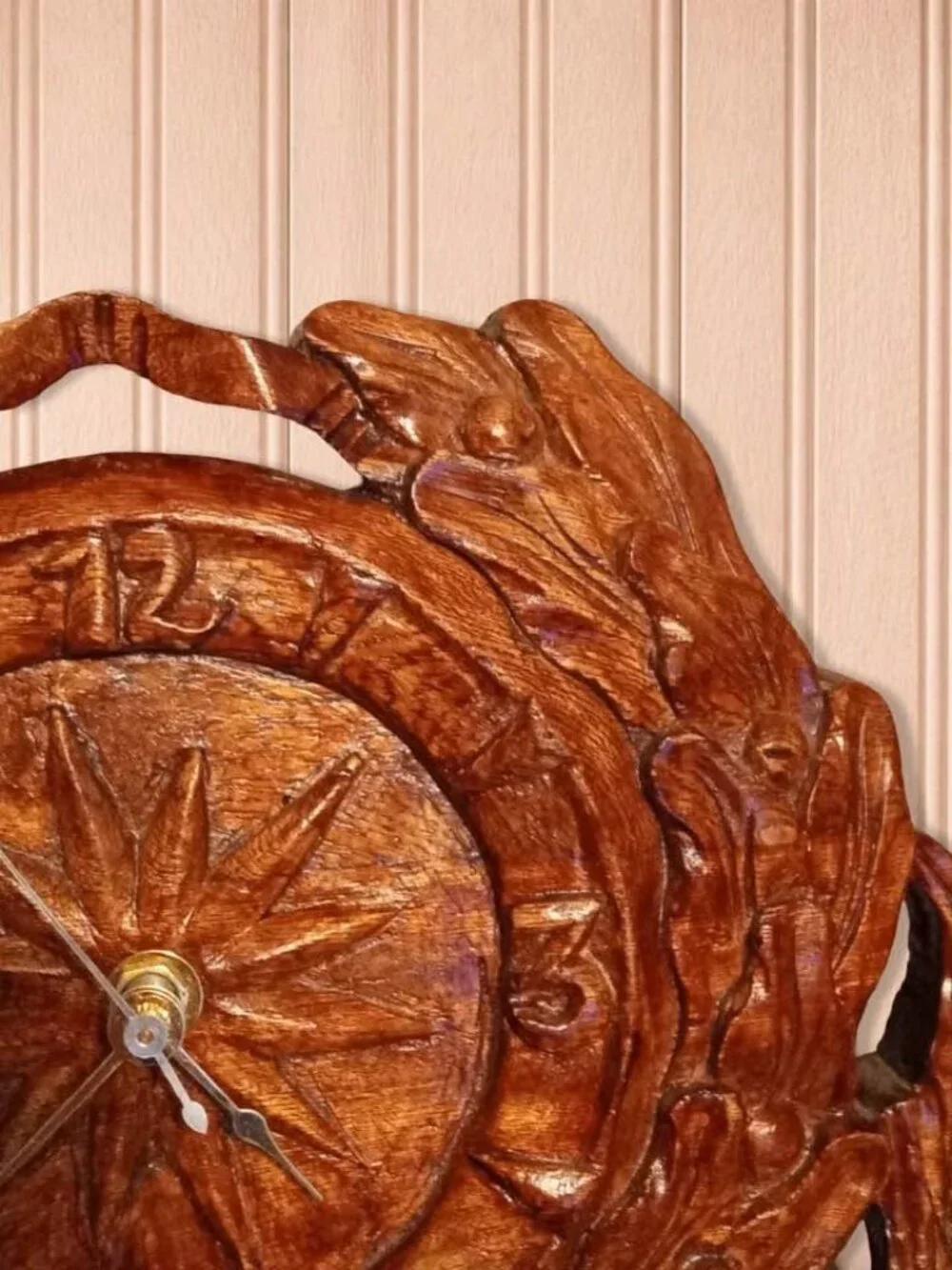 Vintage Carved Wood Compass Rose Wall Clock Birds Floral Wreath Nautical Decor